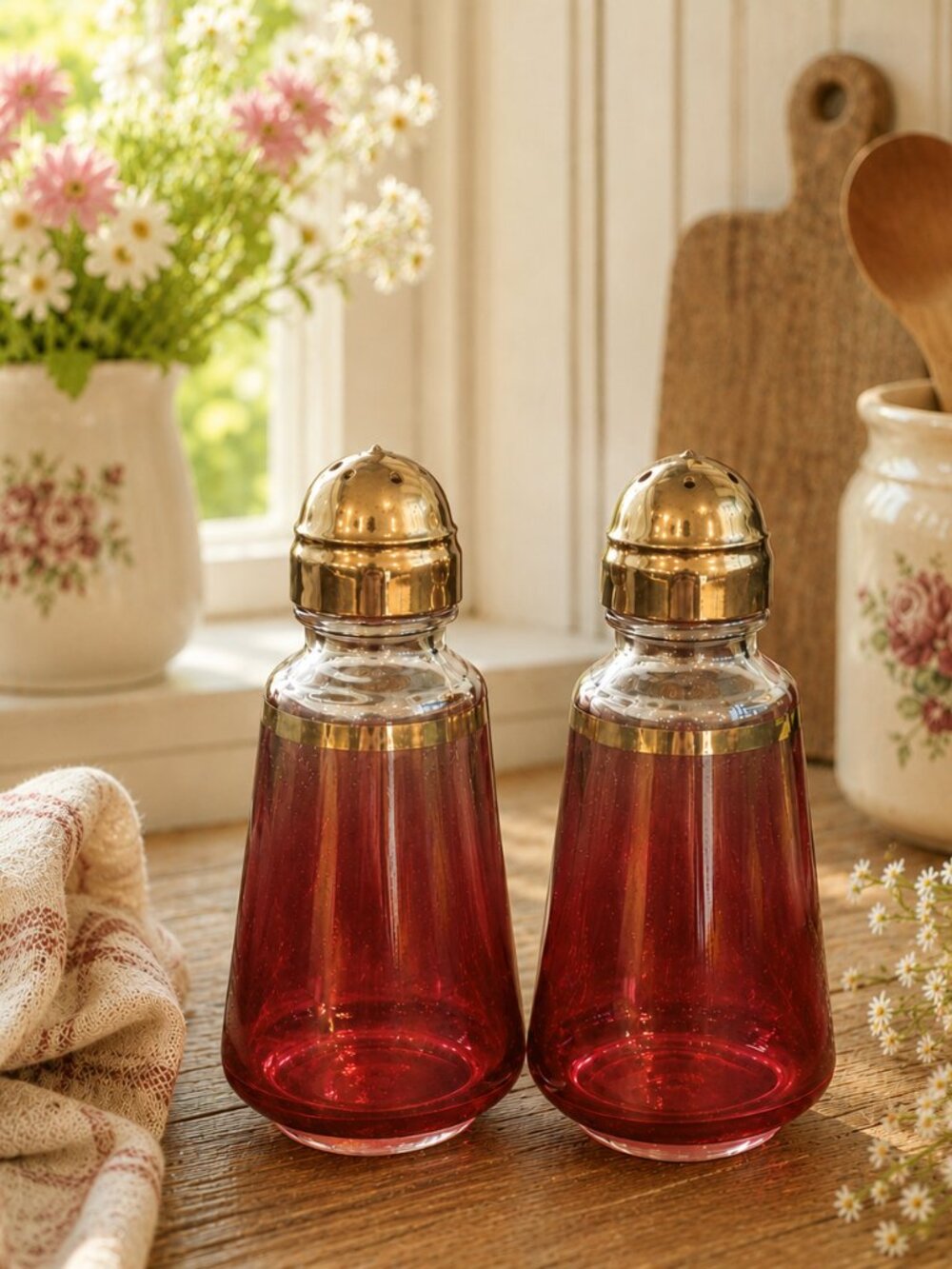 Vintage Pair of Ombre Cranberry Glass Salt and Pepper Shaker Set